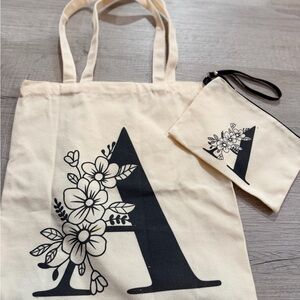 Floral Initial A Canvas Tote and Pouch Set - Black and Cream